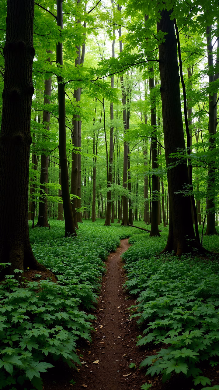 A peaceful forest path surrounded by lush greenery and towering trees, bathed in soft natural light.