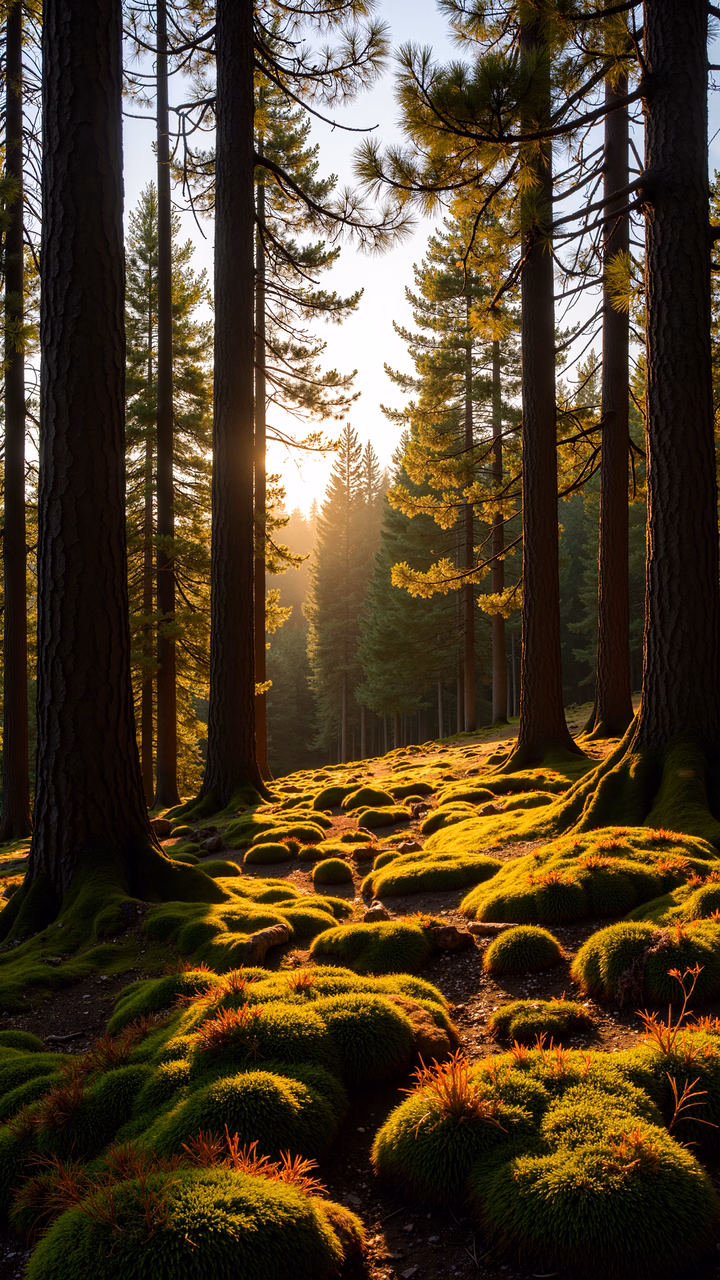 Golden dawn illuminates a mossy forest path, creating a serene natural scene.