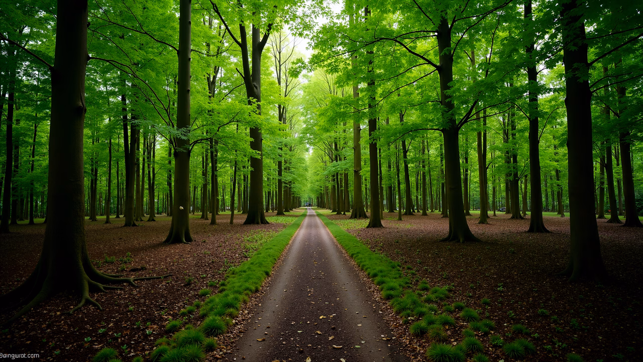 A peaceful forest path lined with tall trees and vibrant green foliage.