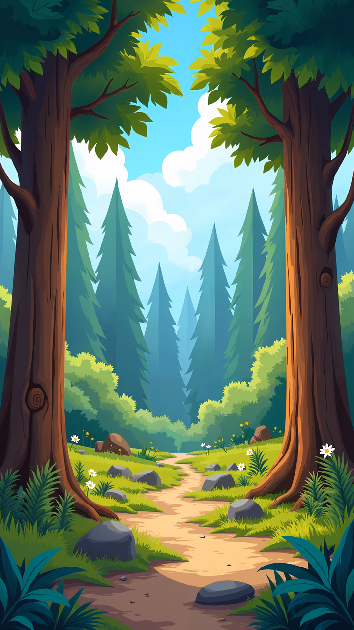 A peaceful forest path surrounded by tall trees and vibrant greenery under a soft blue sky.