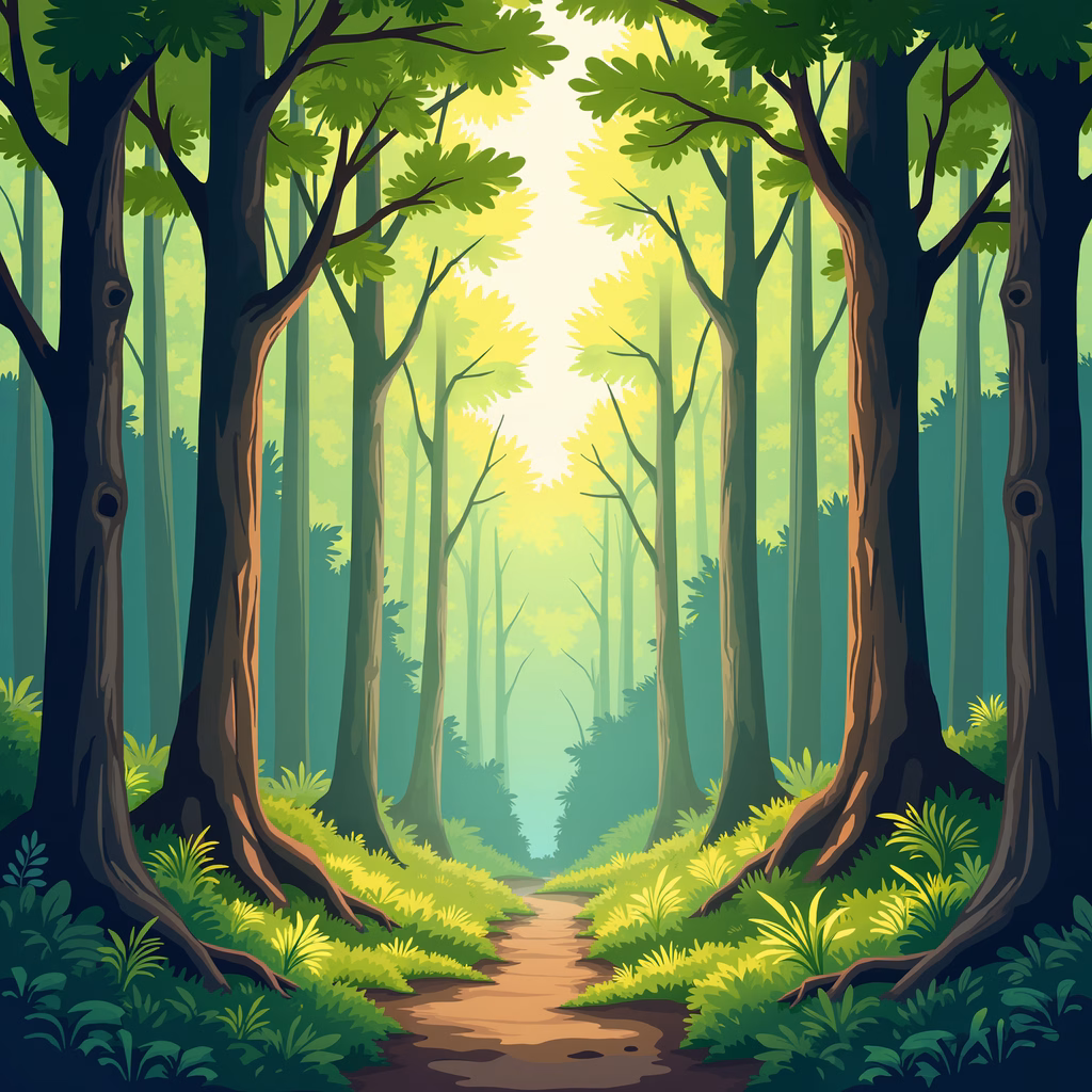 A tranquil forest path surrounded by tall trees and lush greenery, bathed in soft light.