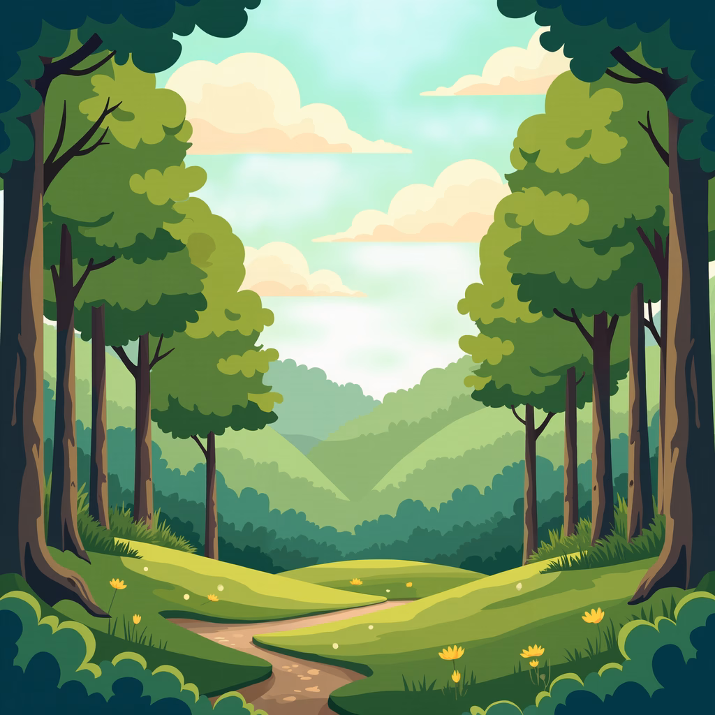 A peaceful forest path surrounded by vibrant greenery and a serene sky.