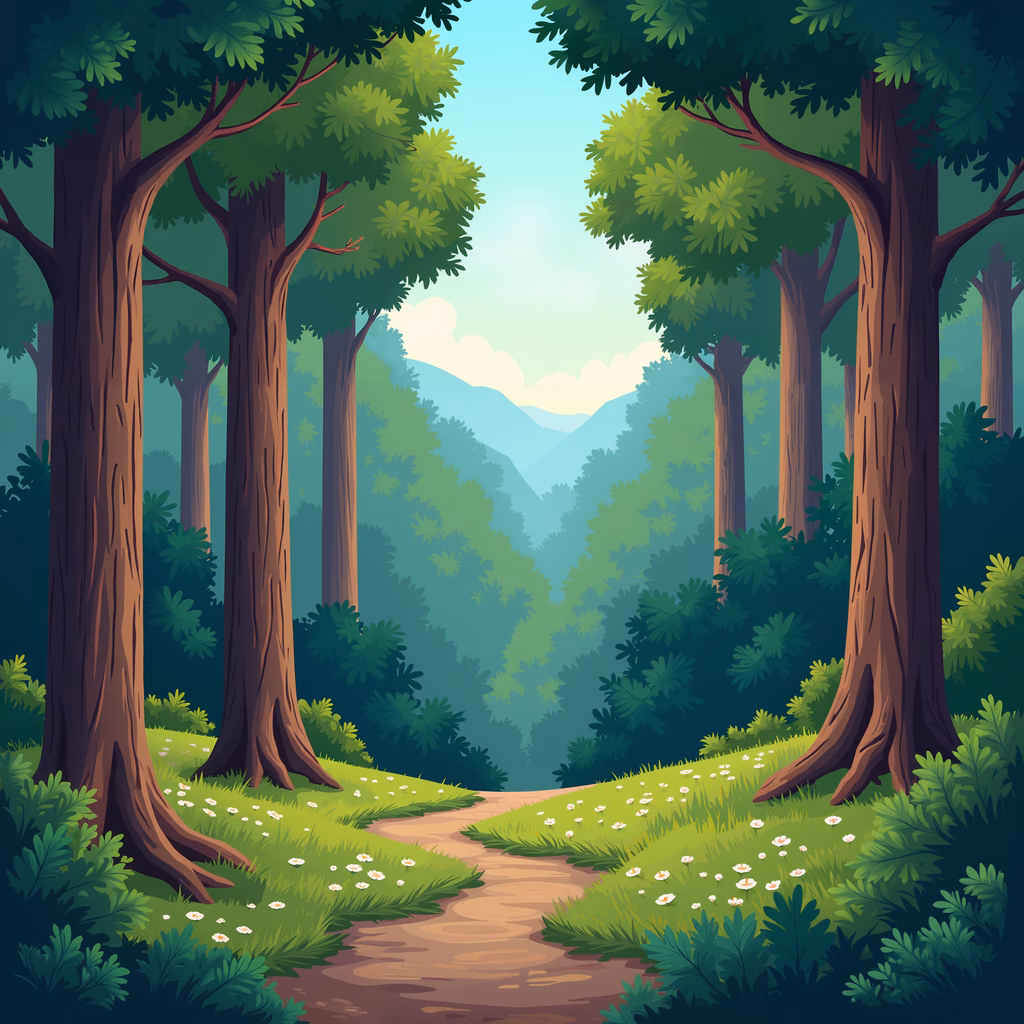 A peaceful forest path surrounded by tall trees and blooming flowers, leading towards distant mountains.