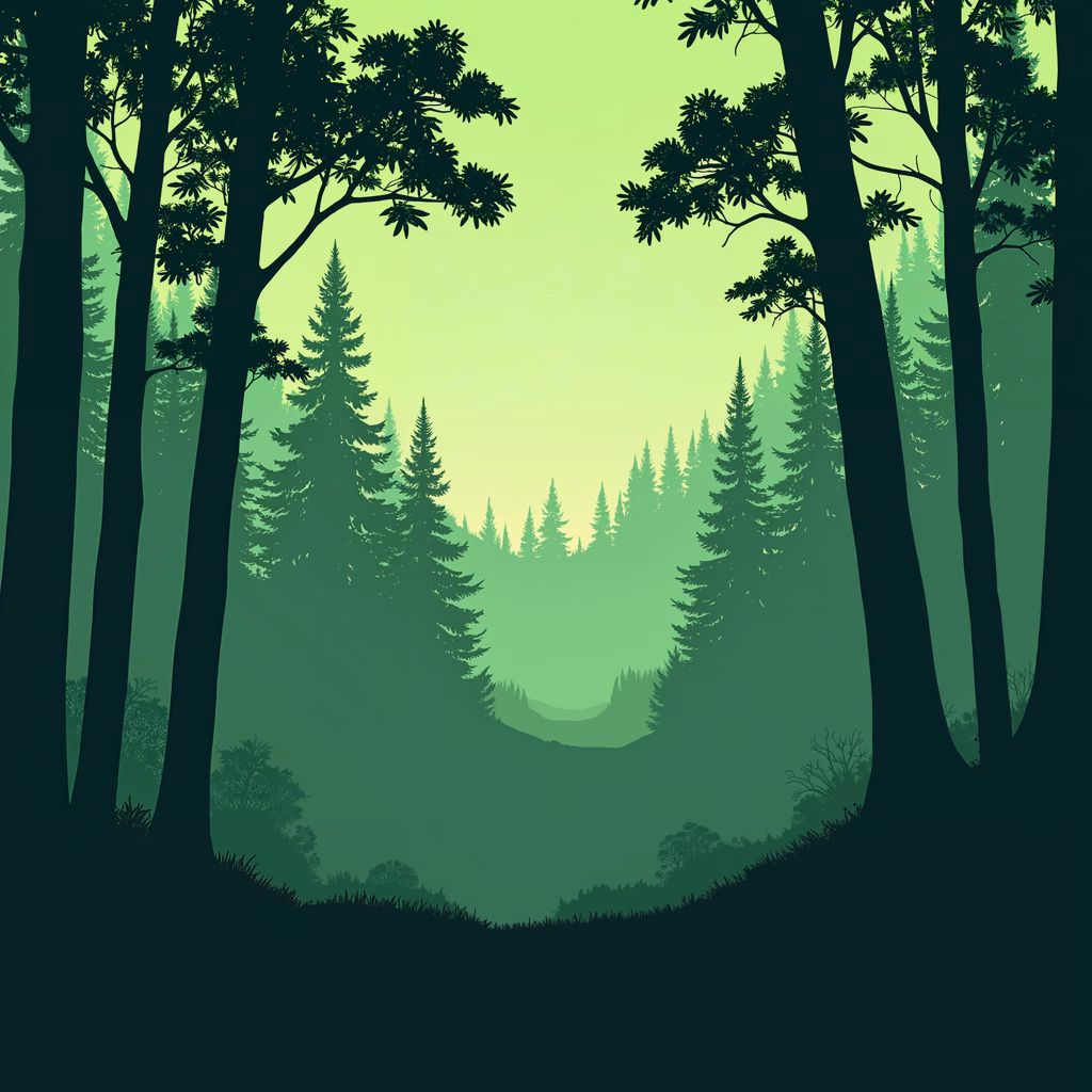 Minimalist forest path illustration with green tones and serene atmosphere.