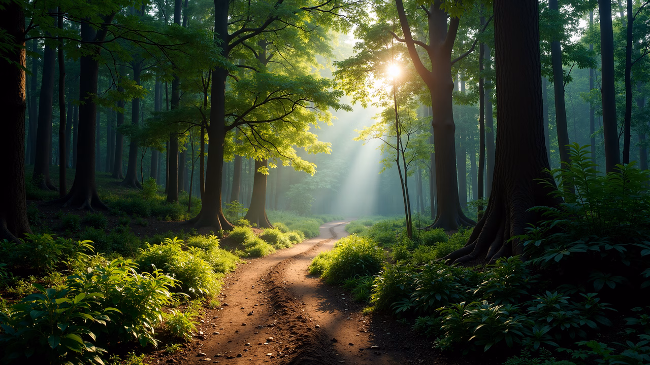 A tranquil forest path surrounded by lush greenery and filtered sunlight.