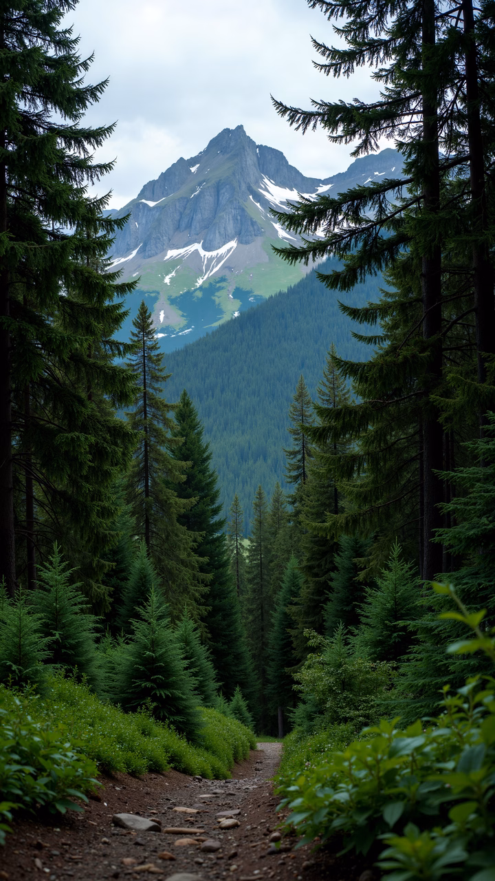 A peaceful forest path leading to towering mountains under soft light.