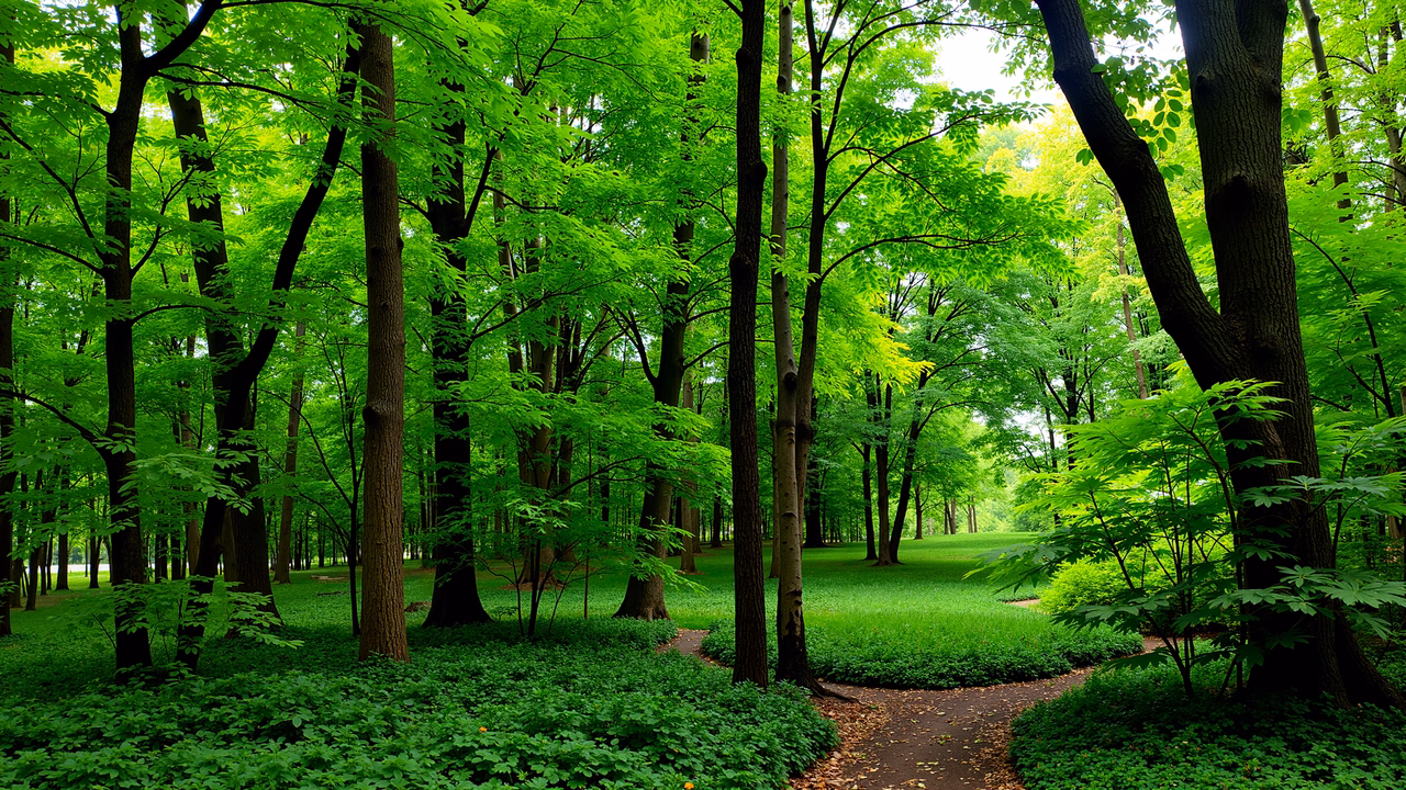 A peaceful forest path surrounded by vibrant greenery and tall trees.