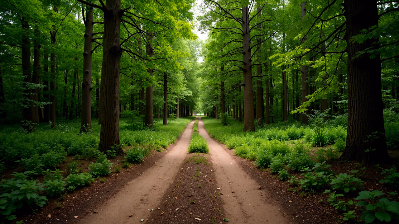 A peaceful forest pathway diverging into two paths, surrounded by tall trees and vibrant greenery.