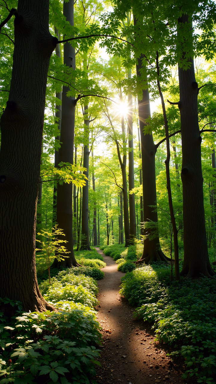 A peaceful forest pathway surrounded by tall trees and vibrant greenery, bathed in dappled sunlight.