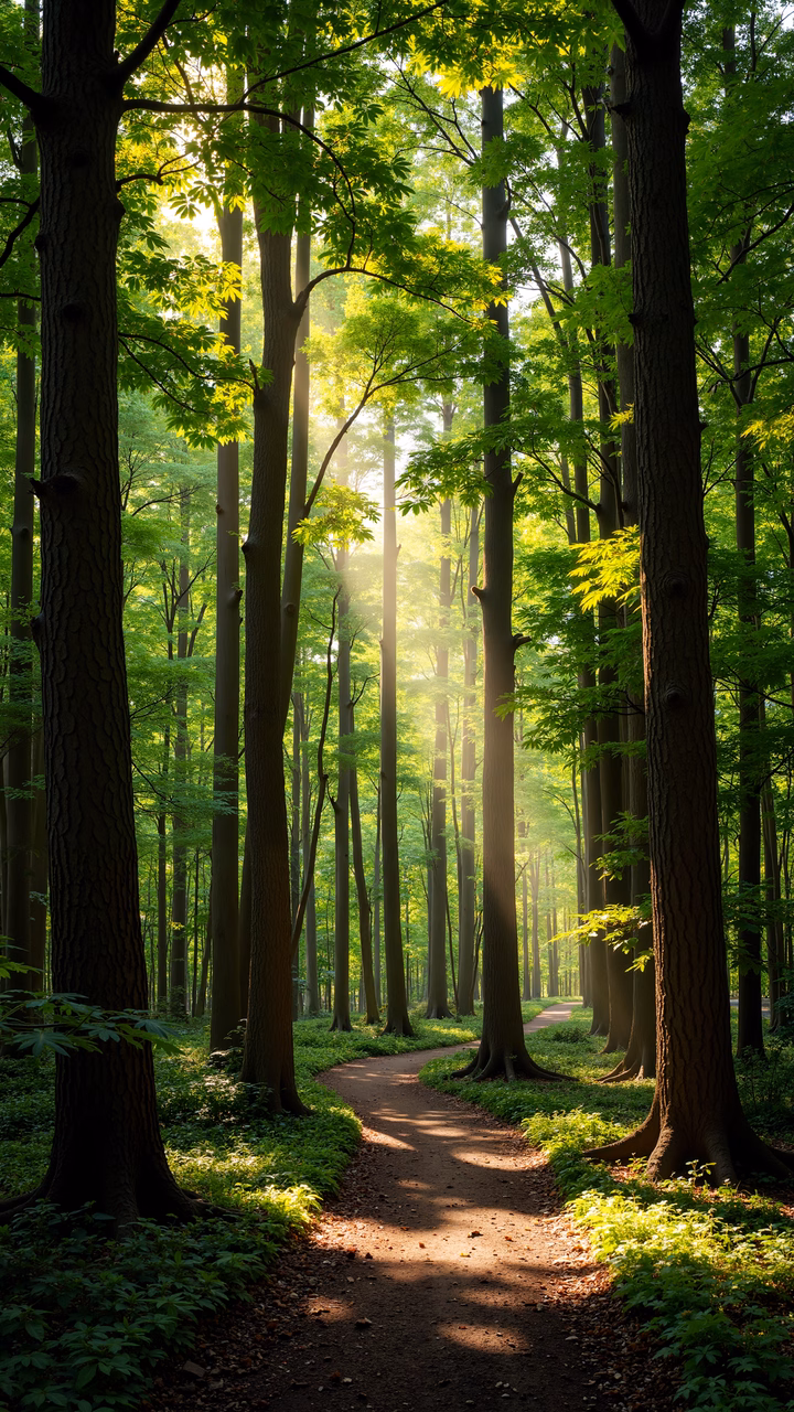 A peaceful forest pathway surrounded by tall trees and dappled sunlight.