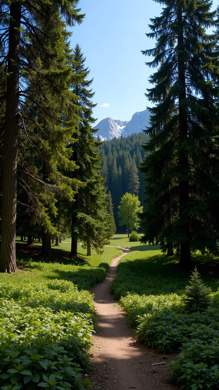 A peaceful forest path surrounded by tall trees and distant mountains under a bright blue sky.