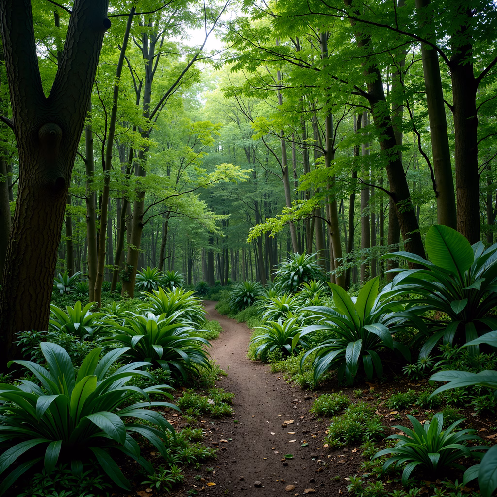 A tranquil forest pathway surrounded by lush greenery and tall trees, inviting exploration under dappled sunlight.
