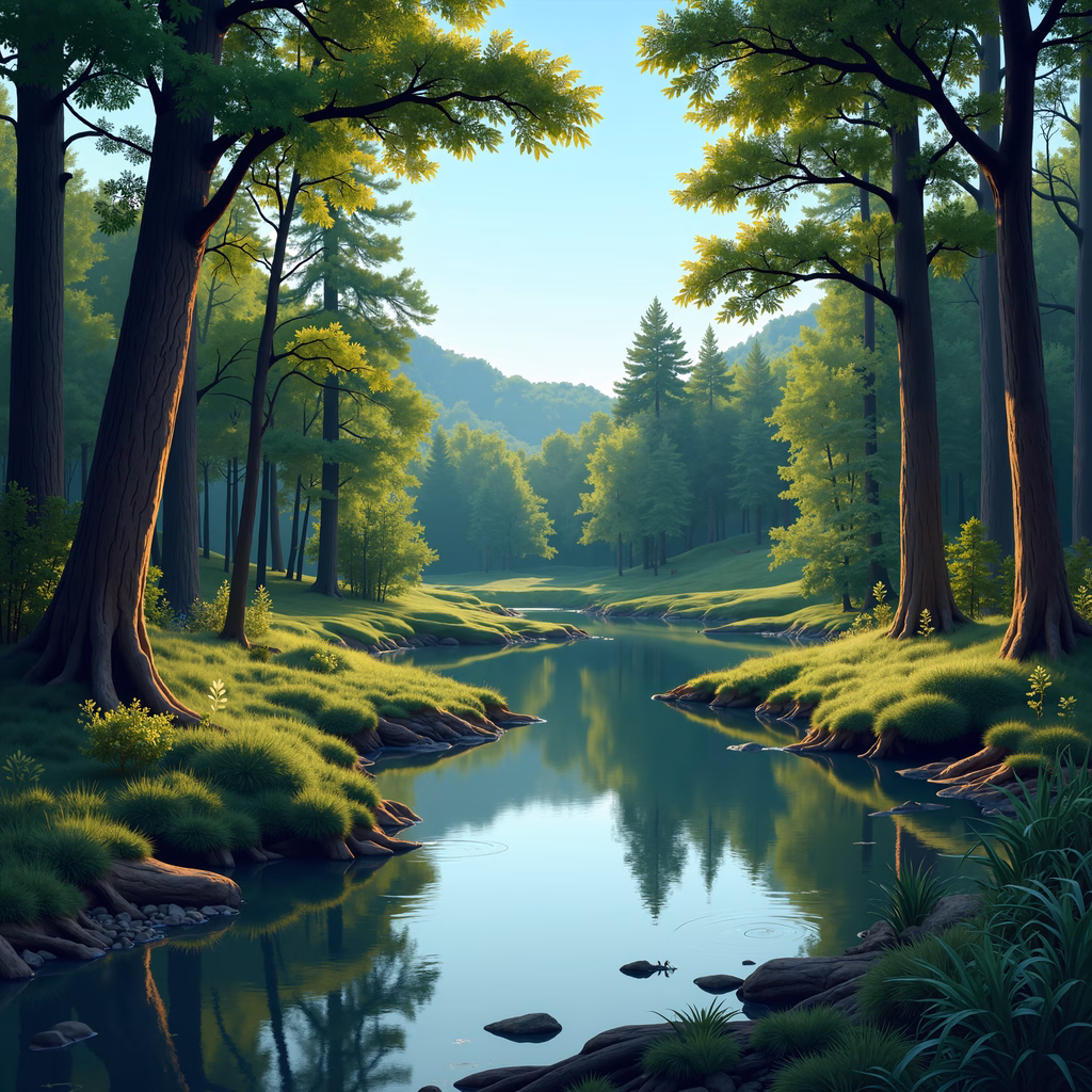 A peaceful forest scene with vibrant greens and deep blues, evoking tranquility.