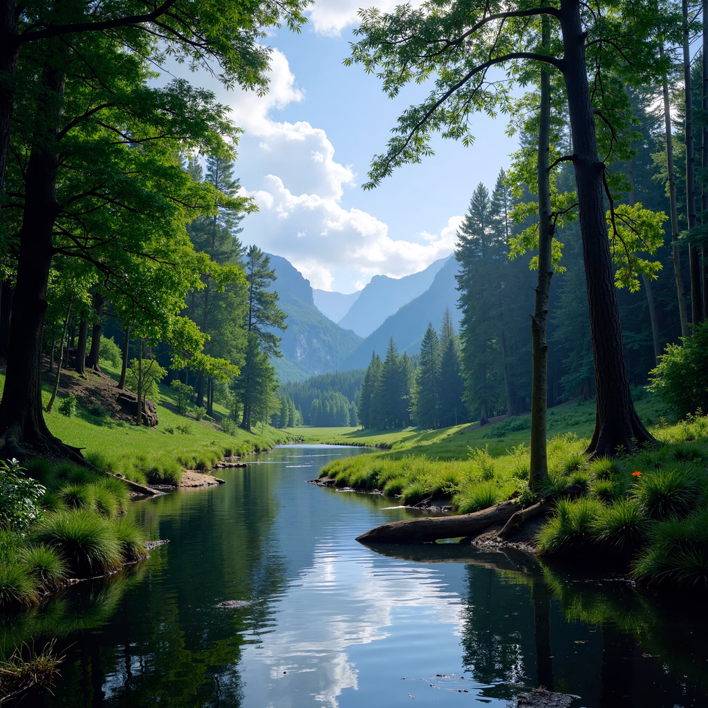 A peaceful river surrounded by a dense forest under a serene sky.