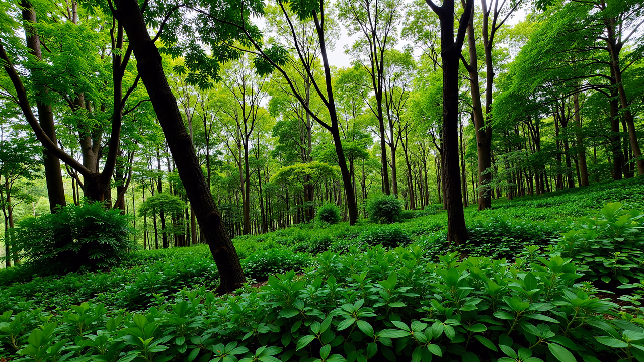 A serene forest scene with tall trees and vibrant greenery.