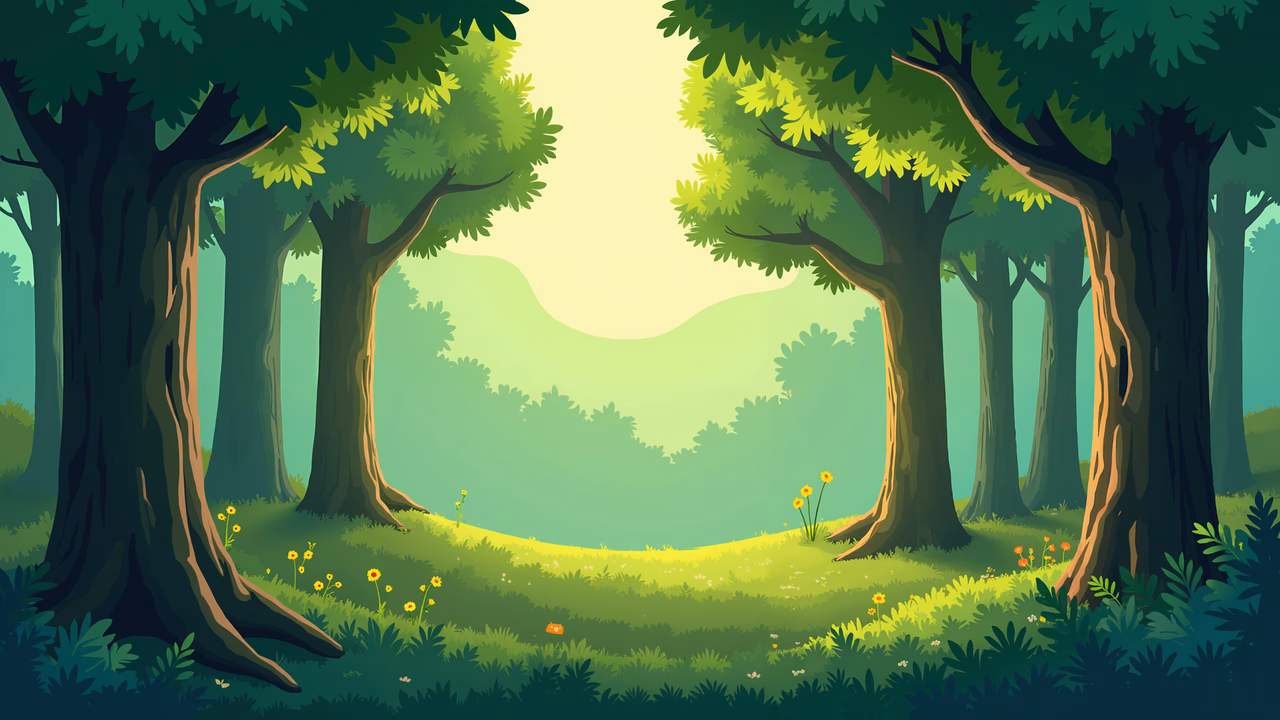 A peaceful forest scene with lush greenery and soft pastel colors.