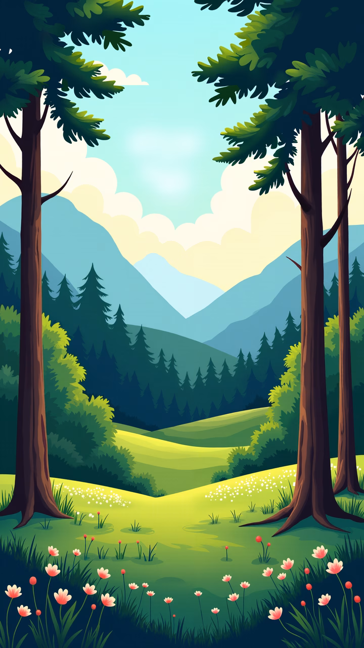 A tranquil forest scene with lush greenery and delicate pink flowers under a soft blue sky.
