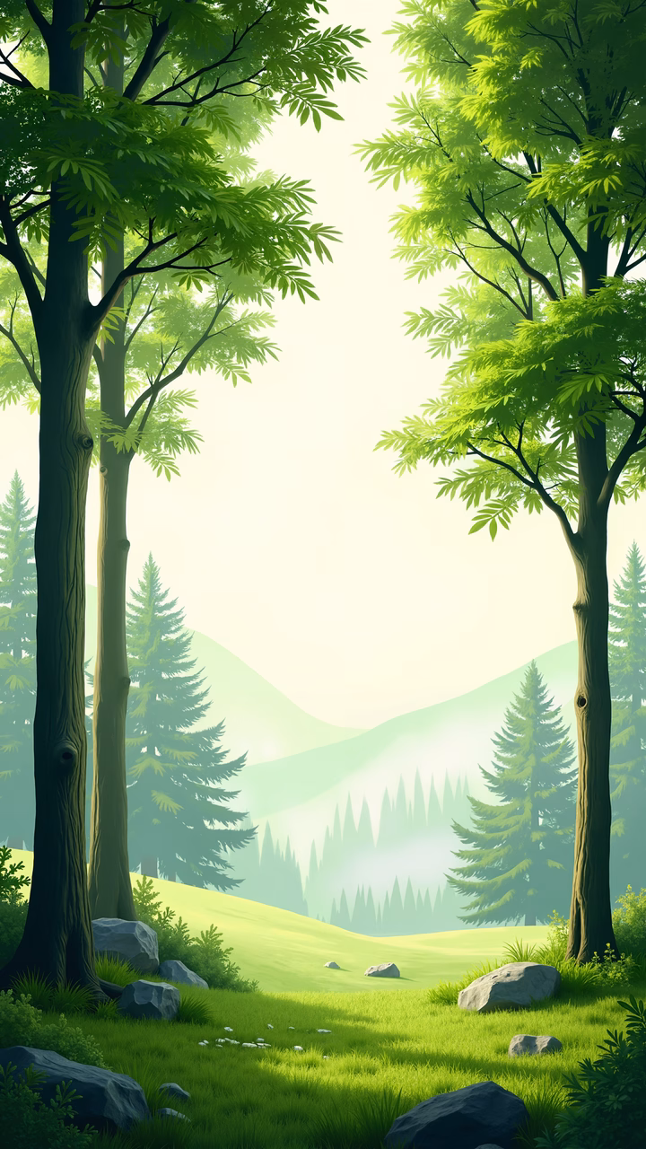 A tranquil forest scene with vibrant greens and soft lighting.