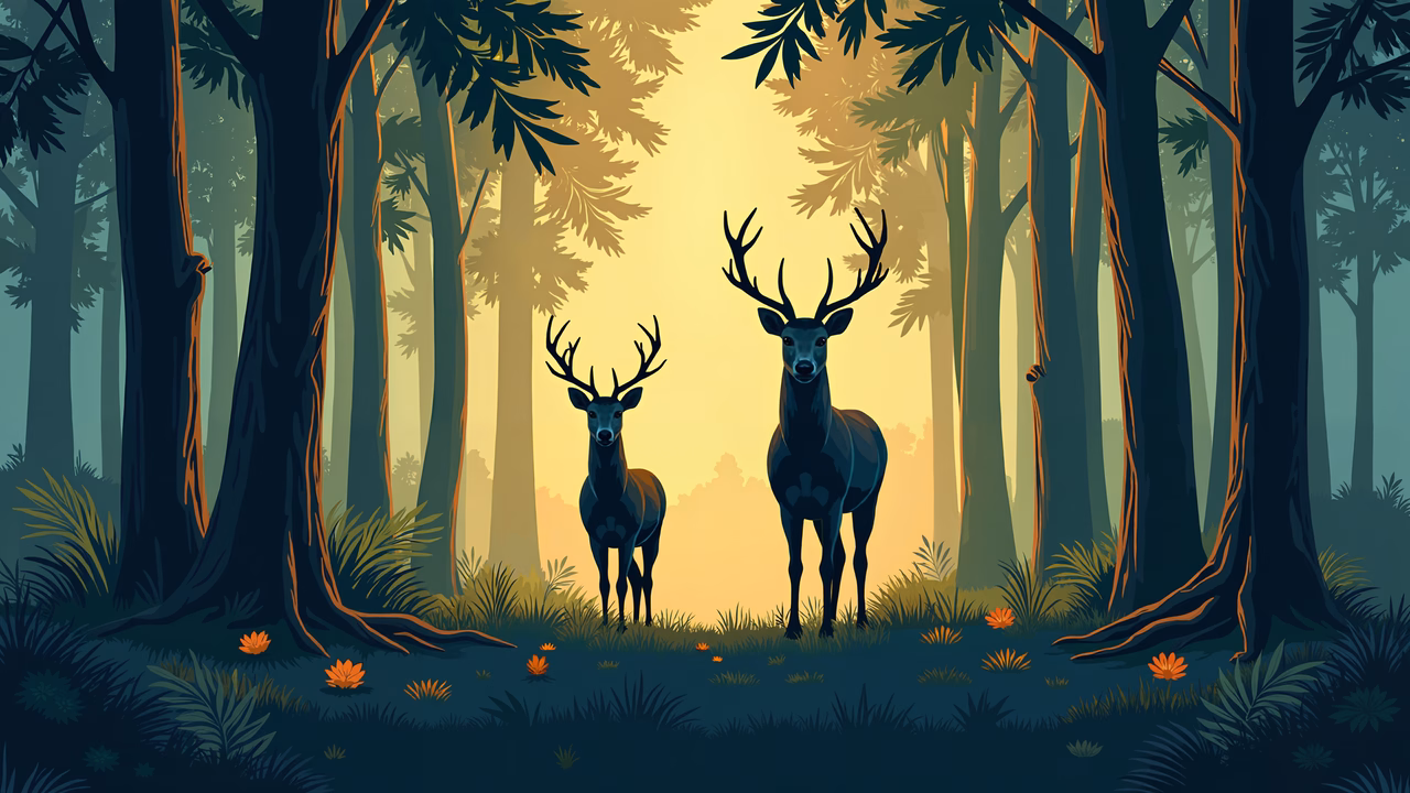 Two deer in a tranquil forest at dusk, bathed in warm light, evoking peace and harmony.