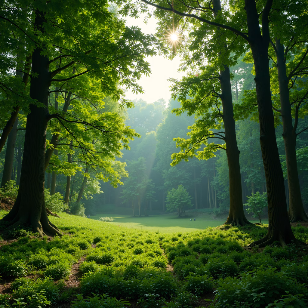 A serene forest scene with morning light filtering through dense green foliage.