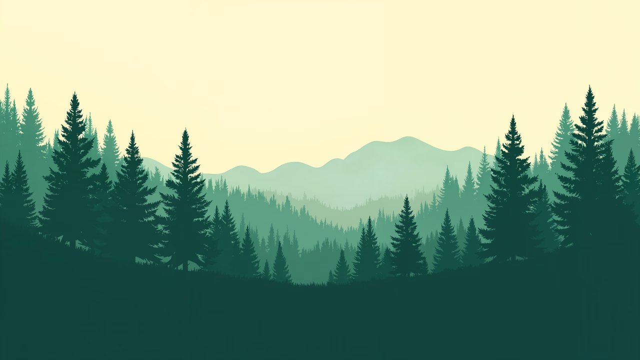 A minimalist illustration of a forest landscape with tall pines and soft colors.