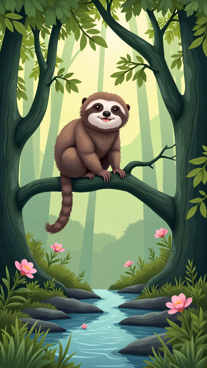 A cute sloth in a peaceful forest setting, surrounded by nature's beauty.