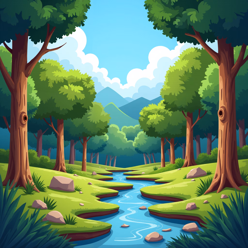 A peaceful forest scene with a meandering stream and lush greenery.