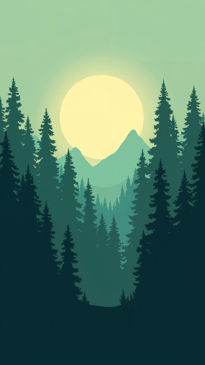 Minimalist forest sunset illustration with pine trees and warm colors.