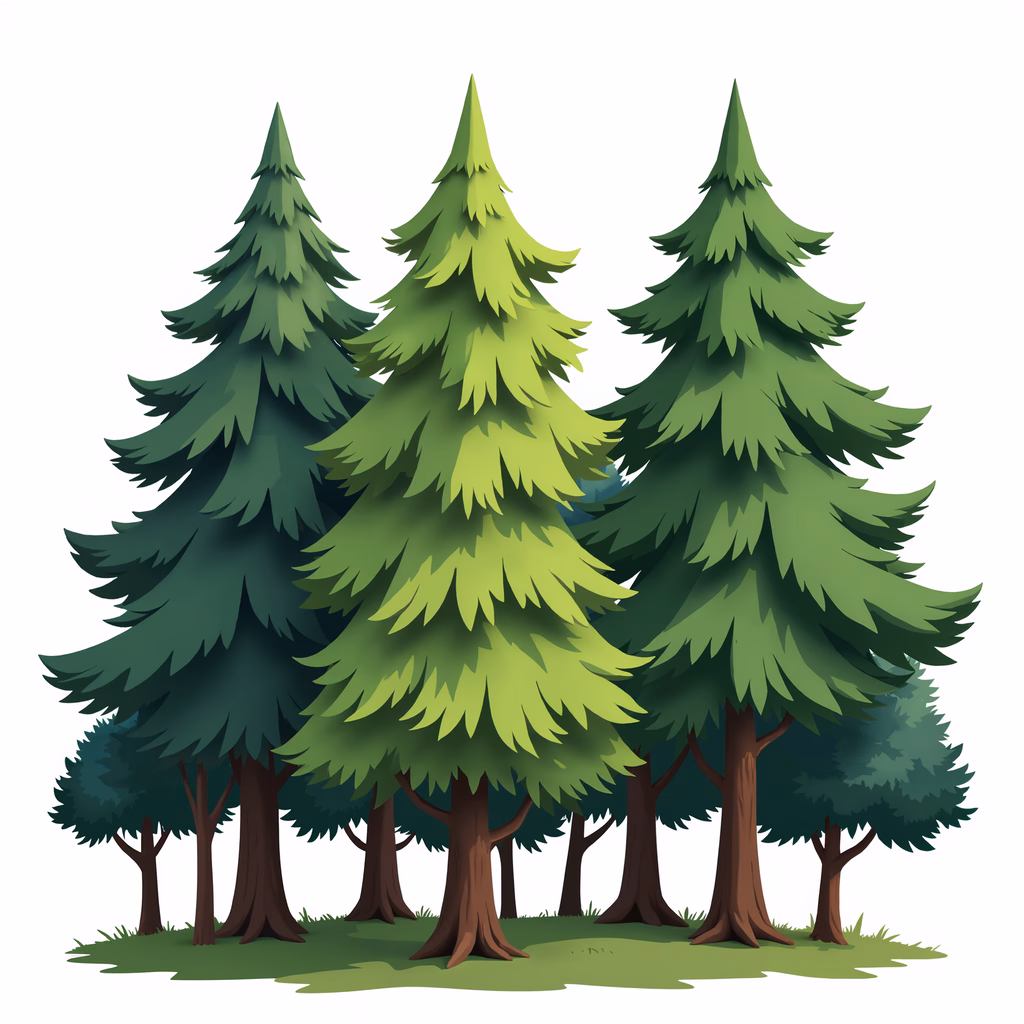 A group of tall pine trees with vibrant green foliage and brown trunks, set against a white background.