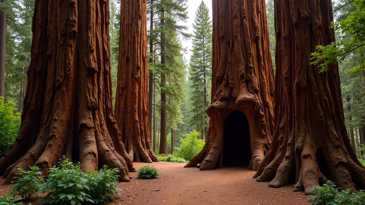 Natural tunnel formed by redwoods in a lush forest setting.
