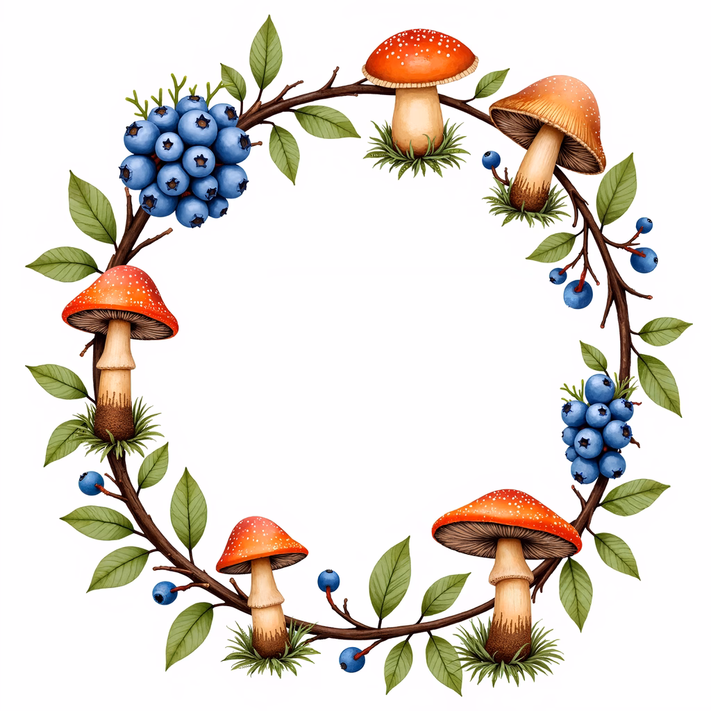 A whimsical forest wreath with red mushrooms and blue berries.