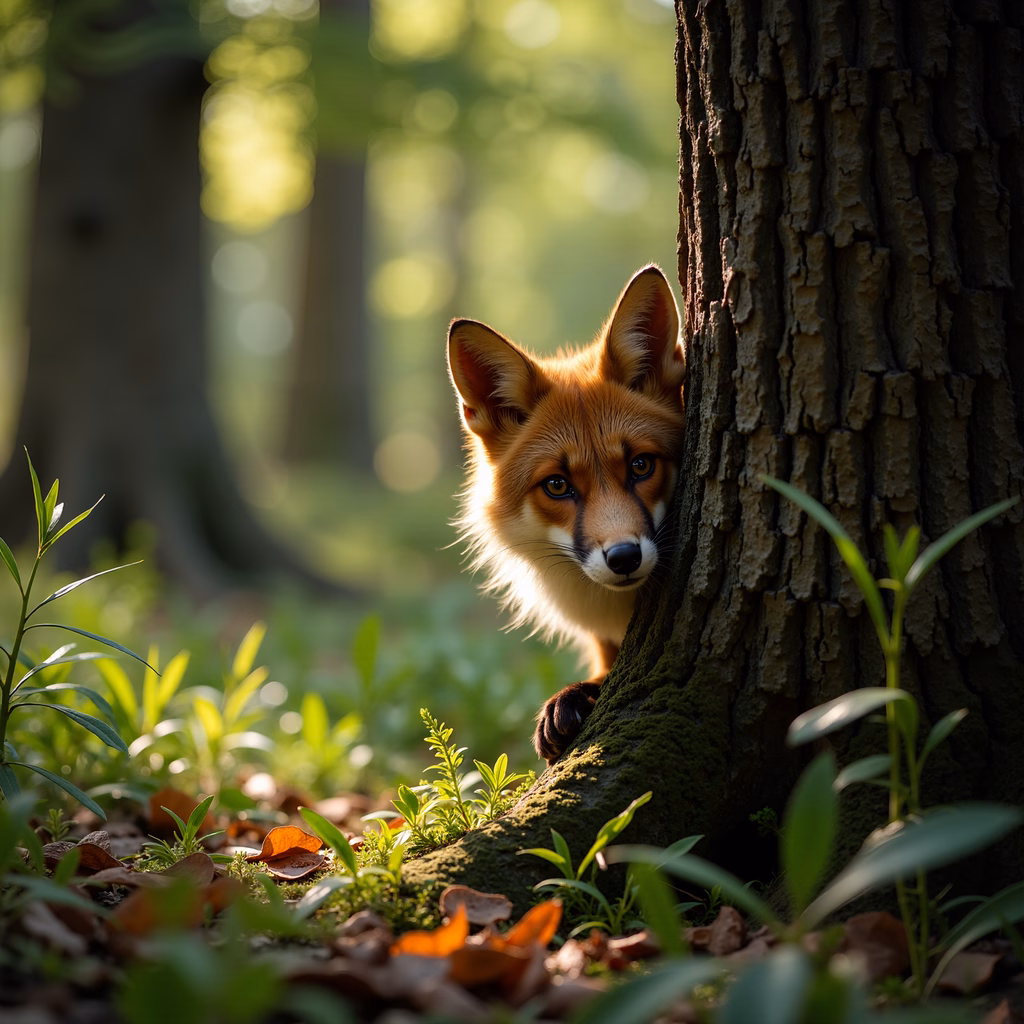 Curious fox in a sunlit forest, blending with nature.