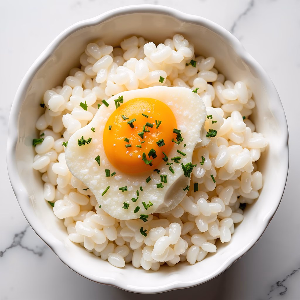 Close-up of creamy risotto with a fried egg garnished with chives.