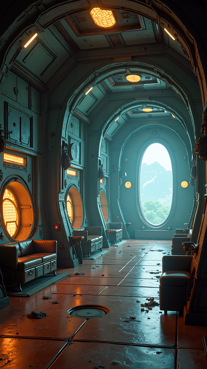 A serene, futuristic interior with cool tones and advanced technology.