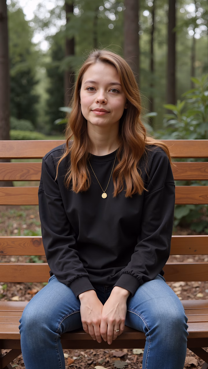Casual portrait of a girl sitting on a bench in a forest, exuding calmness and introspection.