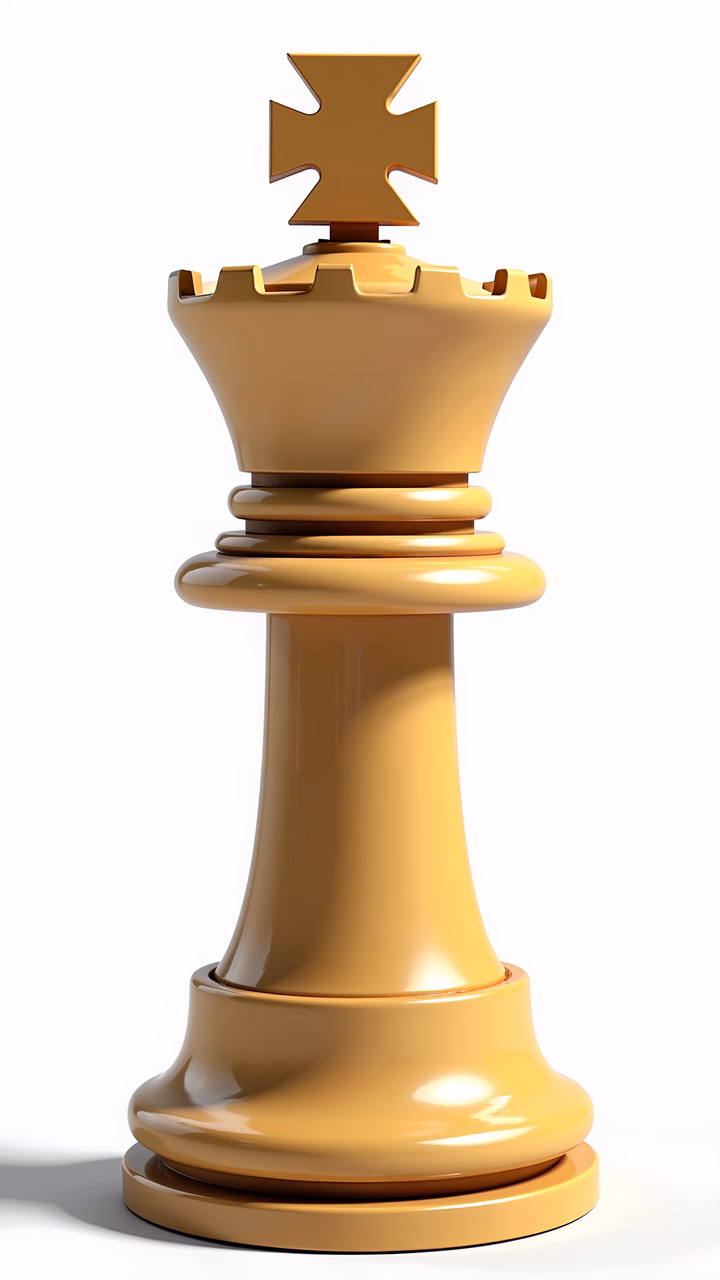 A sleek, golden chess king with a glossy finish and a cross-adorned crown.