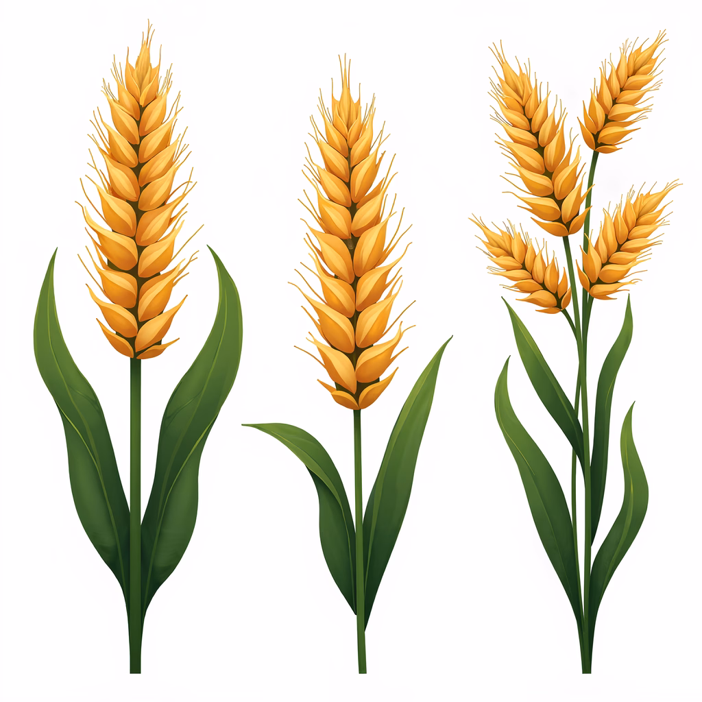 Detailed illustration of golden wheat stalks with vibrant green leaves on a white background.