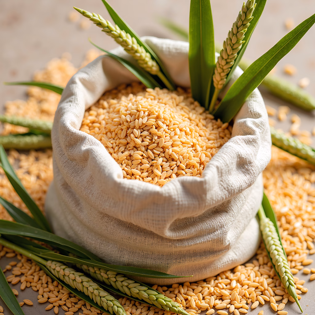 Close-up of a grain bag filled with golden wheat grains, rustic and natural.