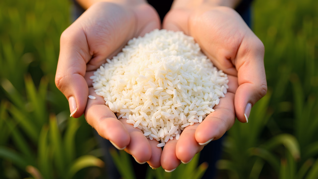 Close-up of hands holding rice grains in a lush green setting.