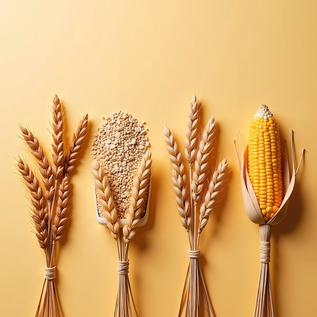 Golden wheat and corn on a warm yellow background, symbolizing harvest time.