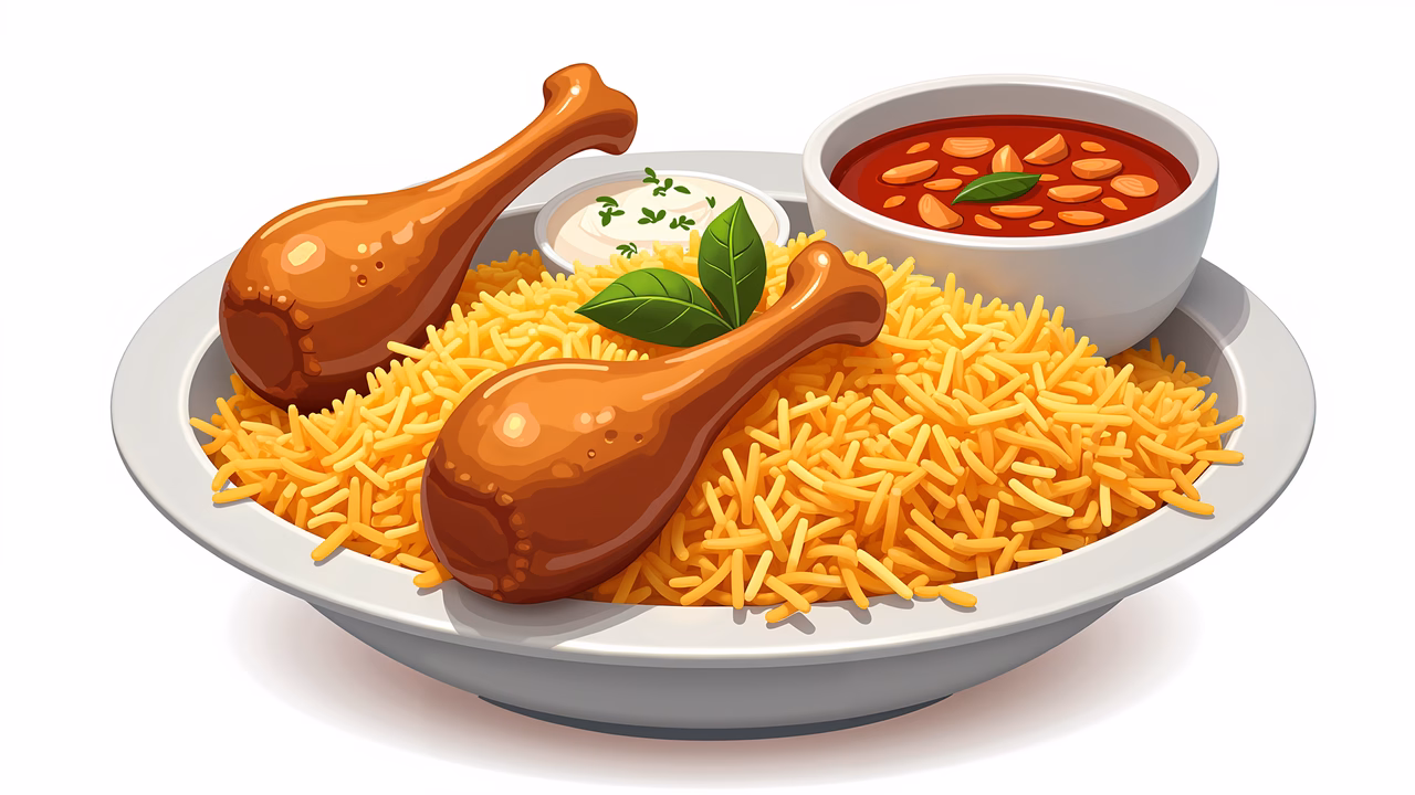 Delicious chicken thighs with rice, creamy sauce, and spicy curry.