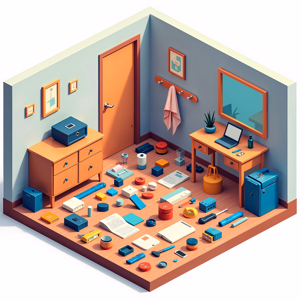 Cluttered isometric workspace with office supplies and personal items.