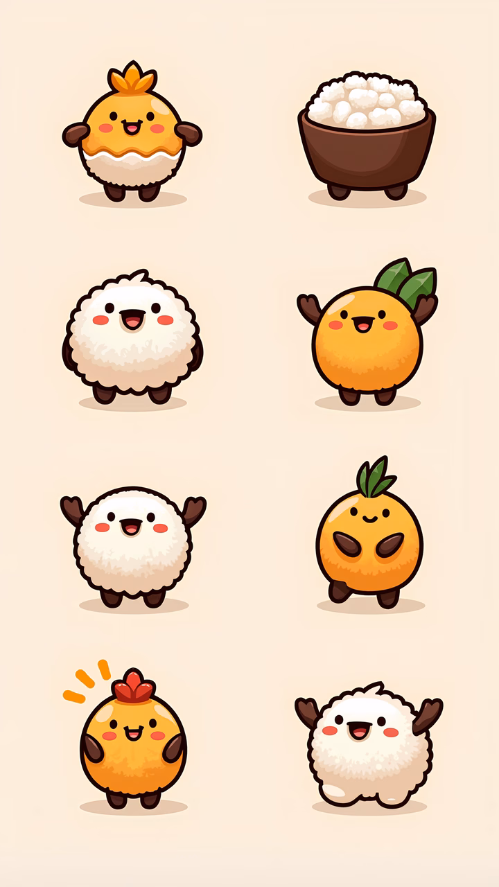 Cute anthropomorphic food characters in a cozy kawaii style.