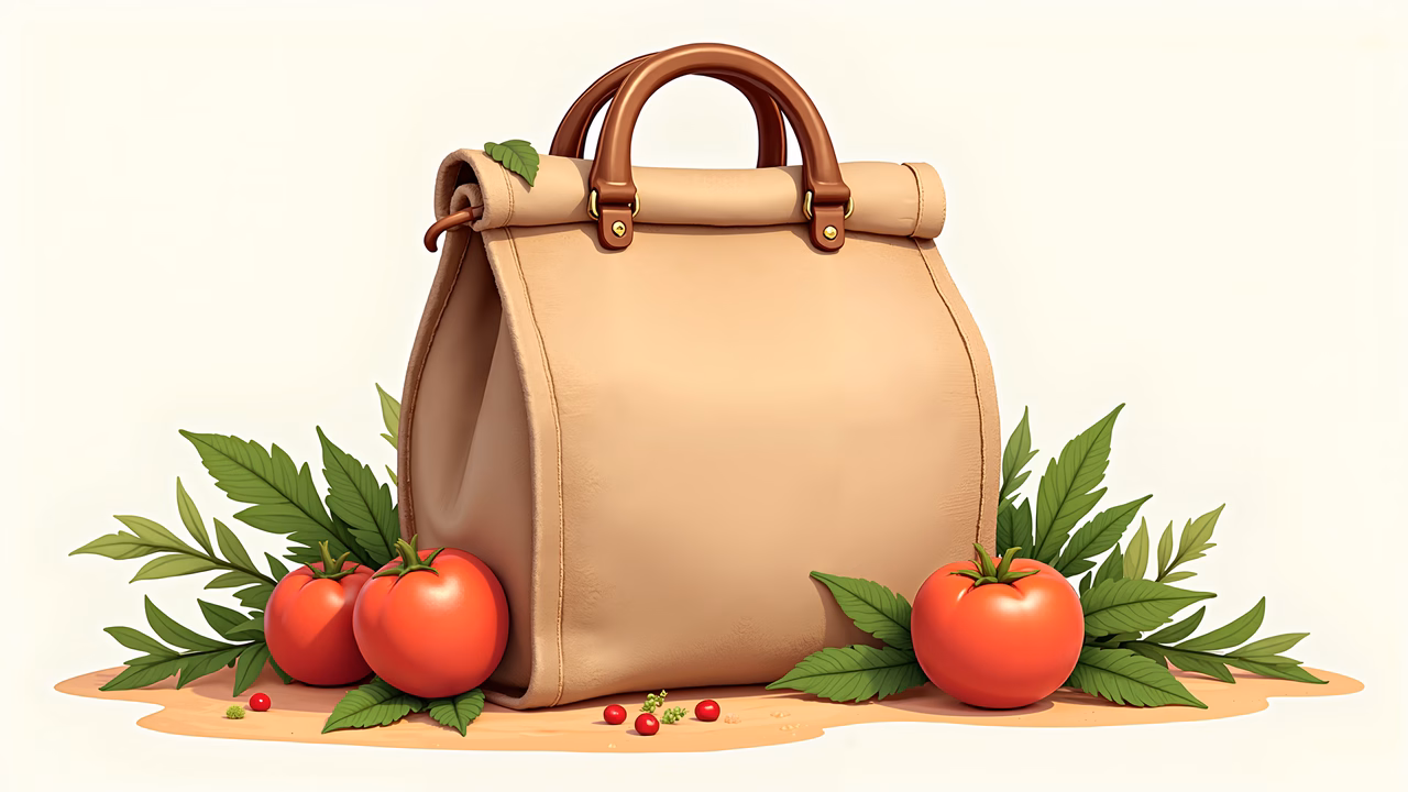 A charming illustration of a leather bag with fresh tomatoes and greenery.