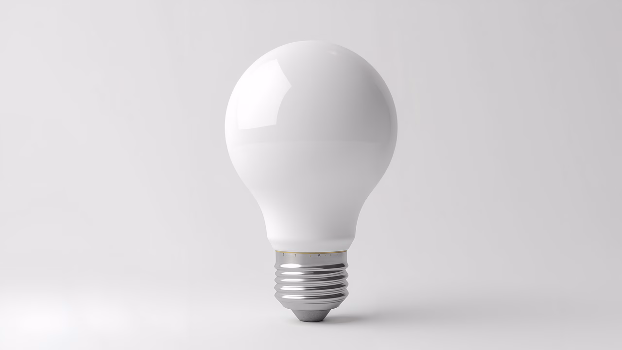 Minimalist illustration of a sleek, modern light bulb with a glossy white finish and metallic base.