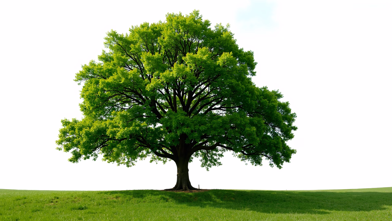 Solitary tree in lush greenery against a clear sky.