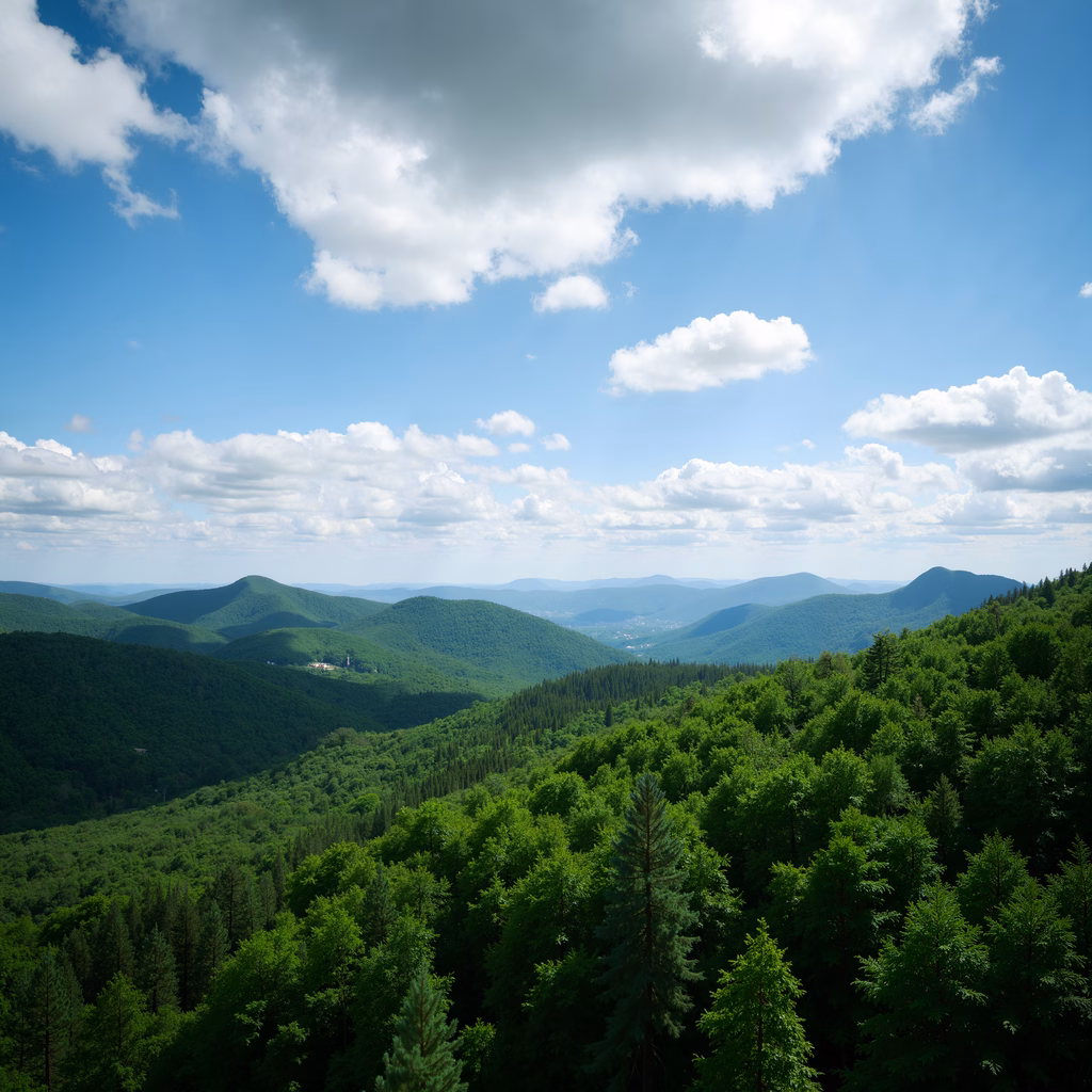 A stunning view of dense green forests and rolling hills under a clear blue sky.