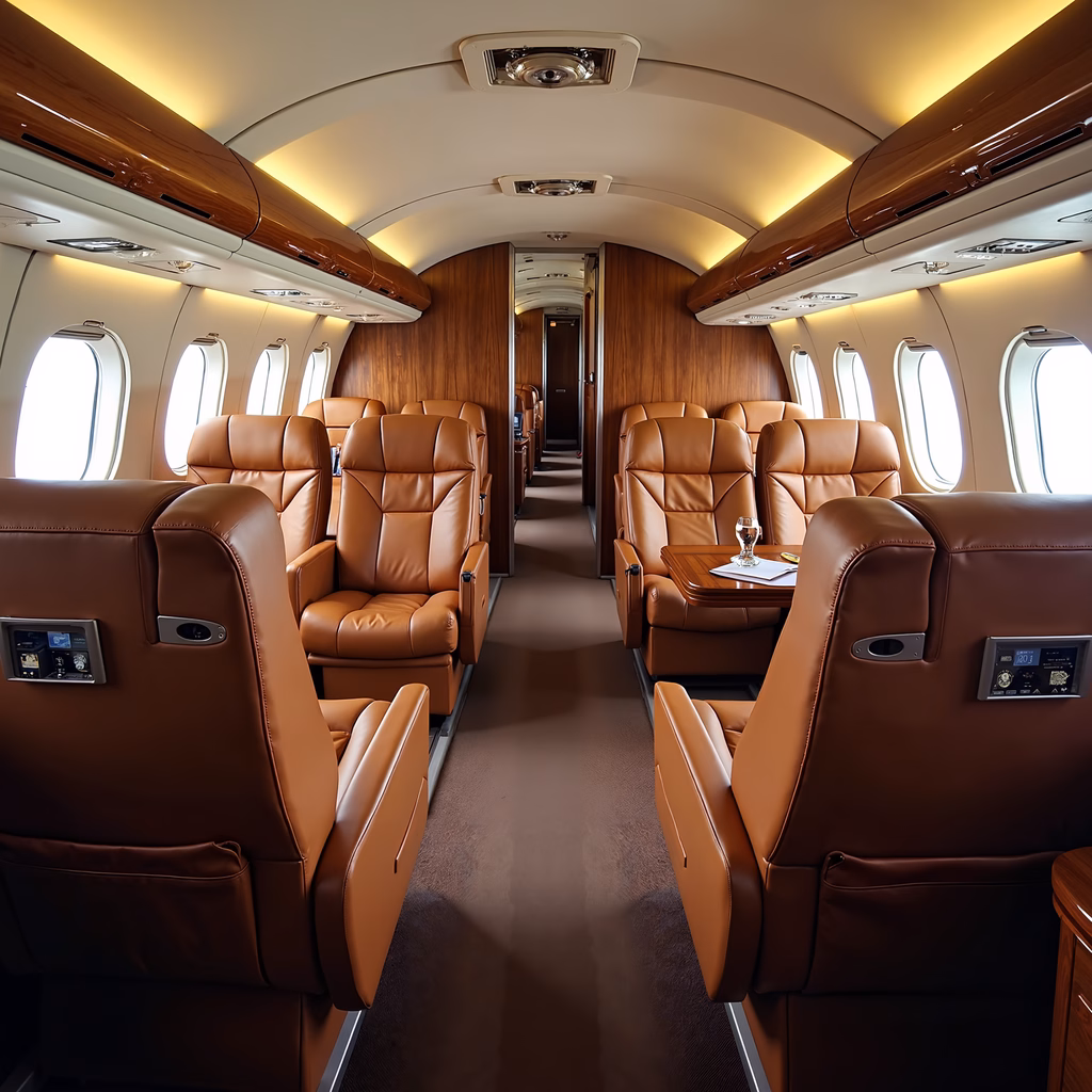 Elegant private jet interior with plush seating and ambient lighting.