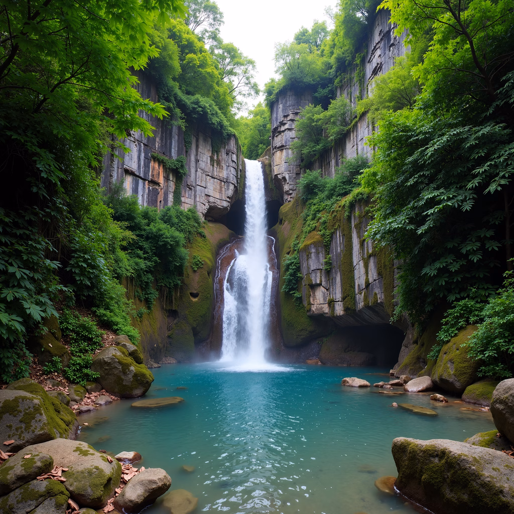 A stunning natural waterfall amidst verdant surroundings.