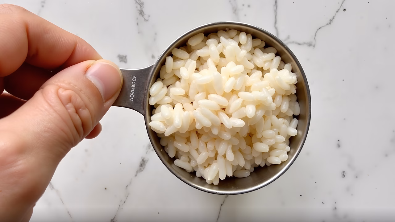 Close-up of rice in a measuring cup on a marble countertop.